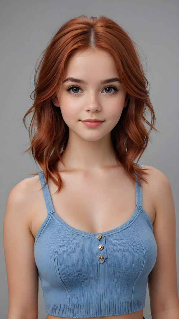 super realistic, 4k, detailed face, perfect curved body, well busty cute young teen girl, 16 years old, straight auburn-red hair, crop top made of fine wool, looks at the camera, portrait shot, grey background