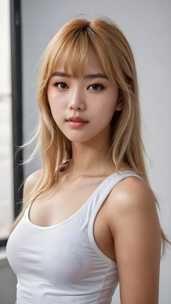 super realistic, 4k, detailed face, perfect curved body, cute Korea teen girl, long blonde straight super soft hair, Korean styled bangs, wear only a white short tight tank top, looks at the camera, portrait shot