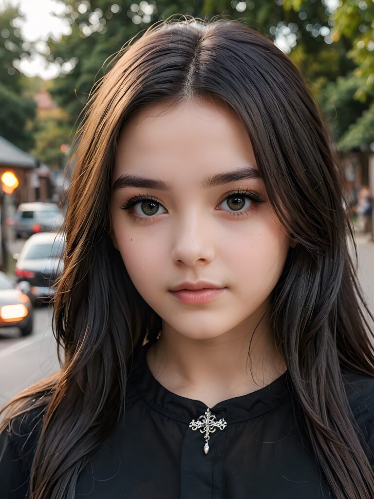 super realistic, detailed portrait, a beautiful young goth teen girl with long soft hair looks sweetly into the camera. She wears a black shirt