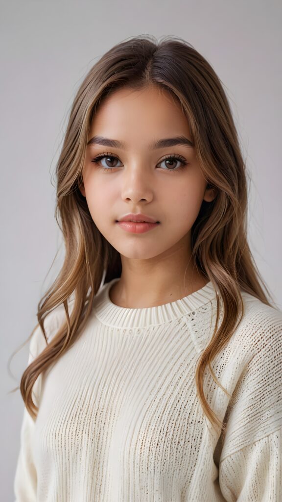 super realistic, detailed portrait, a beautiful young brown-skinned teen girl, 14 years old, perfect body, with long soft blonde straight hair, and ((full lips)), looks sweetly into the camera, she wears a thin crop ((white sweater)) against ((light background))