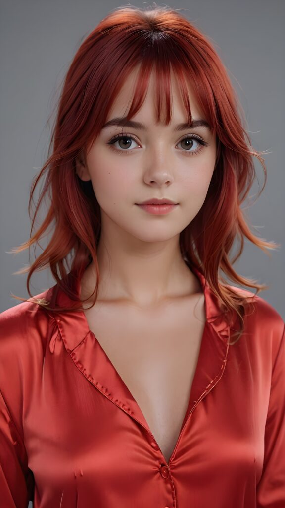 super realistic, 4k, detailed face, perfect curved body, cute young teen girl, bangs cut, straight red hair, red nightsuit made of silk, looks at the camera, portrait shot, grey background