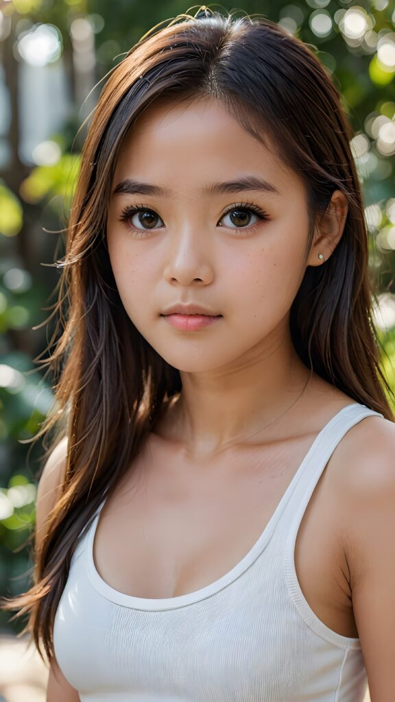 super realistic, detailed face, cute 14 years old Asian girl, long straight hair, realistic detailed eyes, wear white short tight tank top, looks sadly at the camera, perfect curved body