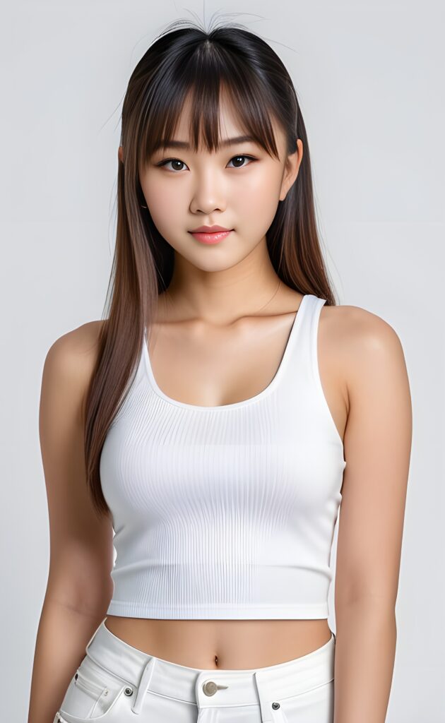 super realistic, 4k, detailed face, perfect curved body, cute Asian teen girl, long straight hair, bangs cut, wear only a white short tight tank top, looks at the camera, portrait shot