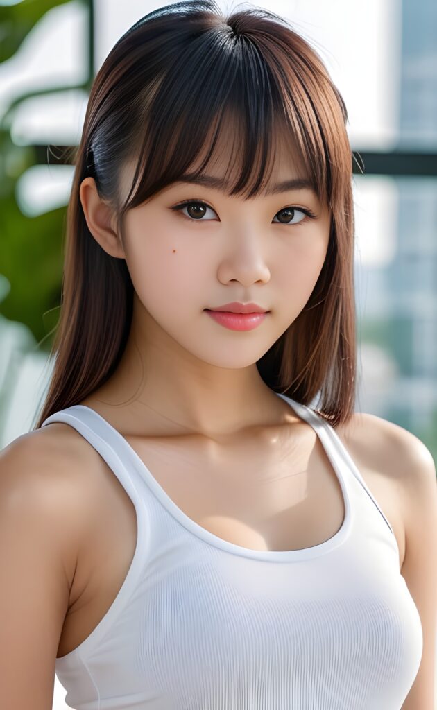 super realistic, 4k, detailed face, perfect curved body, cute Asian teen girl, long straight hair, bangs cut, wear only a white short tight tank top, looks at the camera, portrait shot