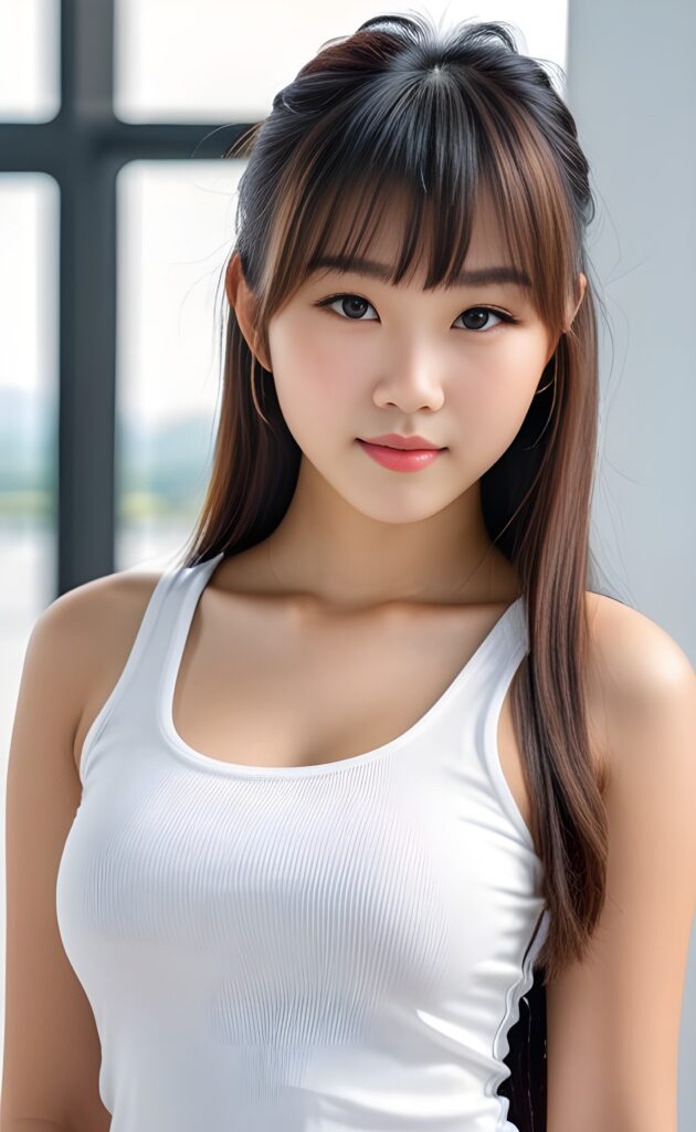 super realistic, 4k, detailed face, perfect curved body, cute Asian teen girl, long straight hair, bangs cut, wear only a white short tight tank top, looks at the camera, portrait shot