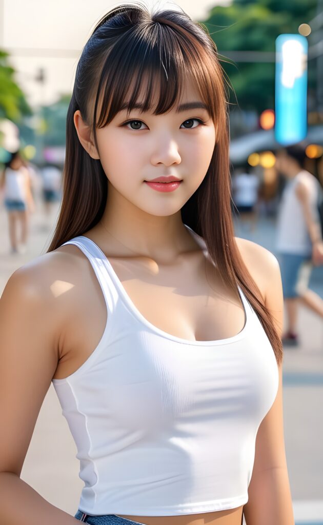 super realistic, 4k, detailed face, perfect curved body, cute Asian teen girl, long straight hair, bangs cut, wear only a white short tight tank top, looks at the camera, portrait shot