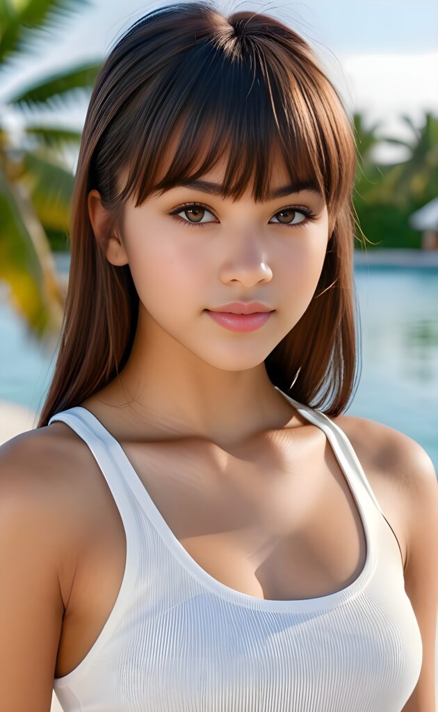 super realistic, 4k, detailed face, perfect curved body, cute Exotic teen girl, long straight brown, bangs cut, wears only a white short tank top, looks at the camera, portrait shot