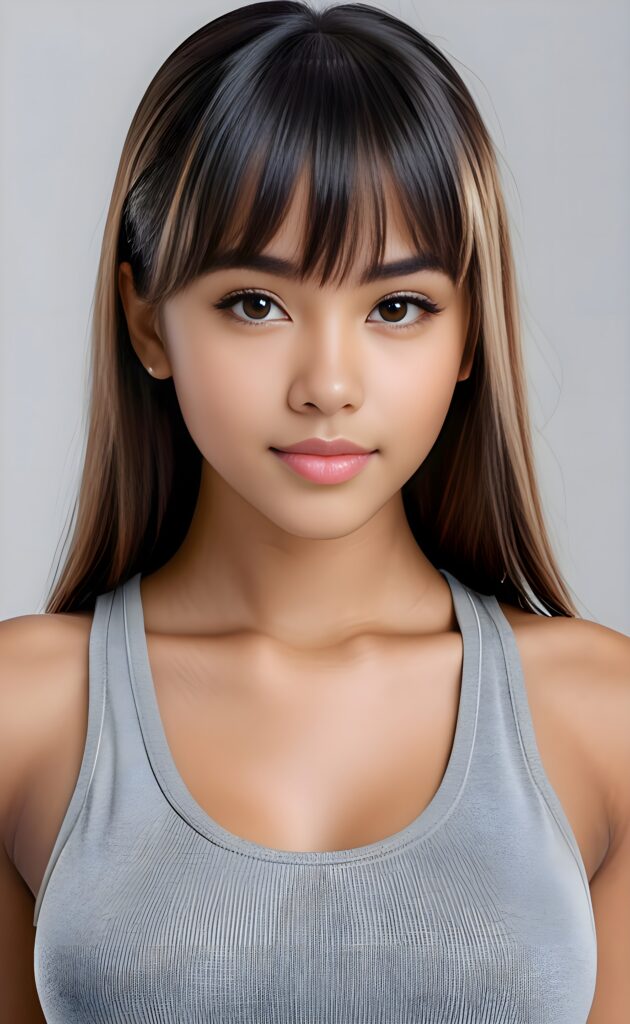 super realistic, 4k, detailed face, perfect curved body, cute Exotic teen girl, long straight hair, bangs cut, wears only a grey short tank top, looks at the camera, portrait shot