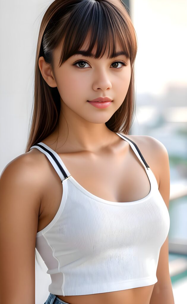 super realistic, 4k, detailed face, perfect curved body, cute Exotic teen girl, long straight brown, bangs cut, wears only a white short tank top, looks at the camera, portrait shot