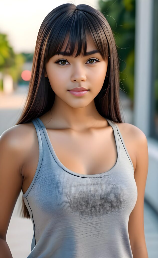 super realistic, 4k, detailed face, perfect curved body, cute Exotic teen girl, long straight hair, bangs cut, wears only a grey short tank top, looks at the camera, portrait shot