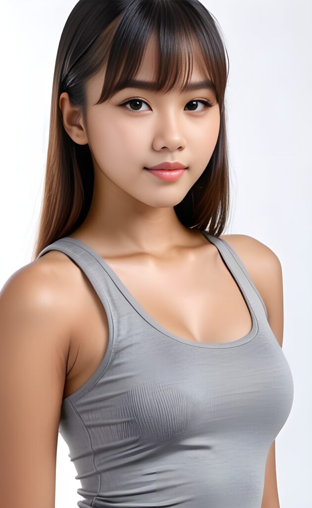 super realistic, 4k, detailed face, perfect curved body, cute Indonesian teen girl, long straight hair, bangs cut, wears only a grey short tight tank top, looks at the camera, portrait shot