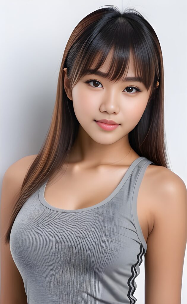 super realistic, 4k, detailed face, perfect curved body, cute Indonesian teen girl, long straight hair, bangs cut, wears only a grey short tight tank top, looks at the camera, portrait shot