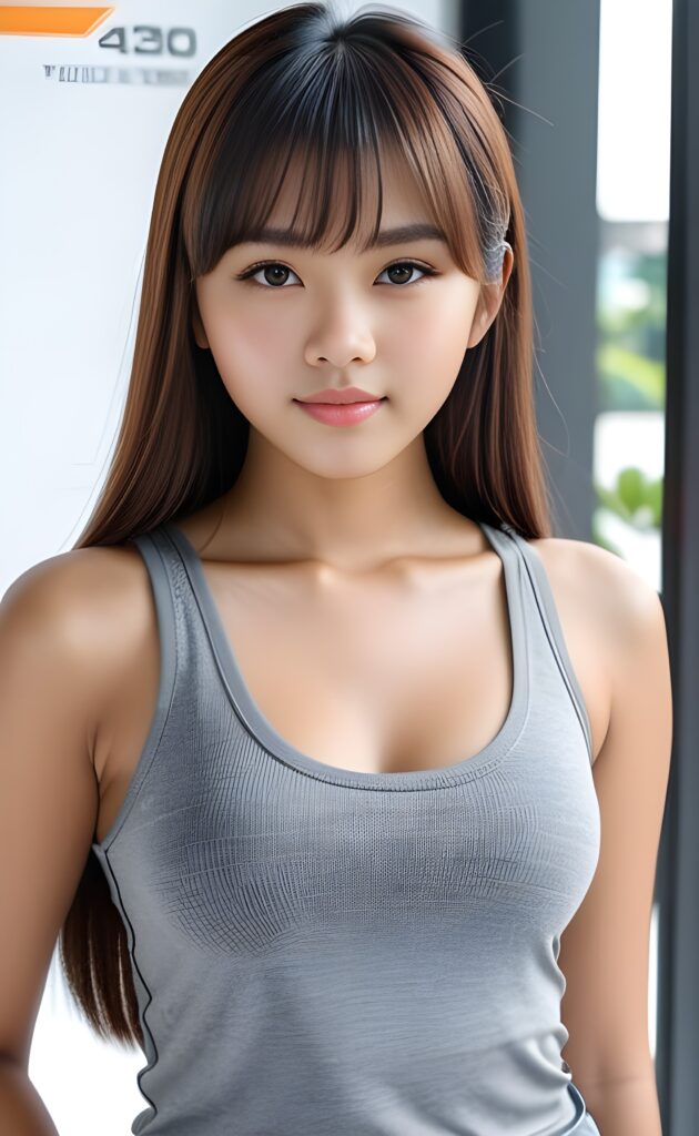 super realistic, 4k, detailed face, perfect curved body, cute Indonesian teen girl, long straight hair, bangs cut, wears only a grey short tight tank top, looks at the camera, portrait shot