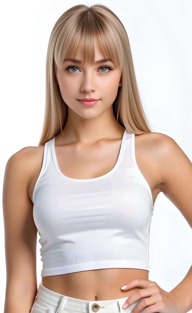 super realistic, 4k, detailed face, perfect curved body, cute teen girl, long blonde straight hair, bangs cut, wear only a white short tight tank top, looks at the camera, portrait shot