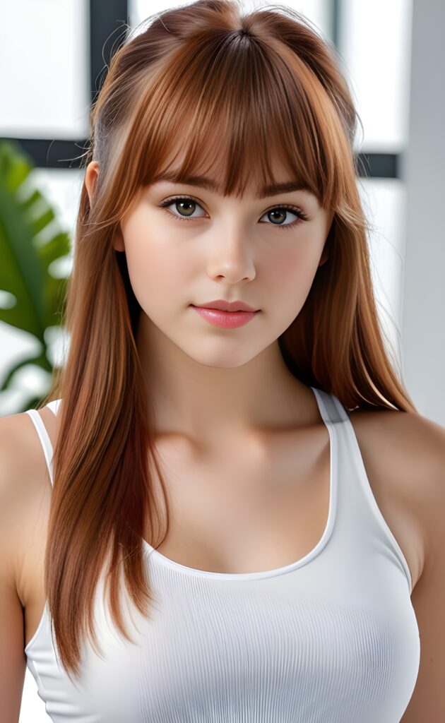 super realistic, 4k, detailed face, perfect curved body, cute teen girl, long auburn straight hair, bangs cut, wear only a white short tight tank top, looks at the camera, portrait shot