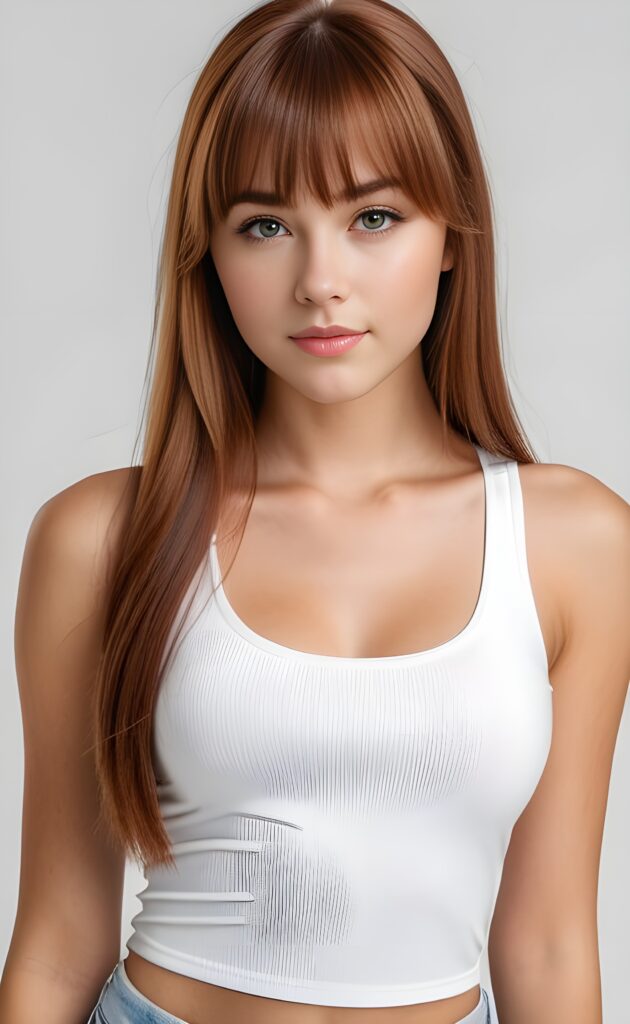 super realistic, 4k, detailed face, perfect curved body, cute teen girl, long auburn straight hair, bangs cut, wear only a white short tight tank top, looks at the camera, portrait shot