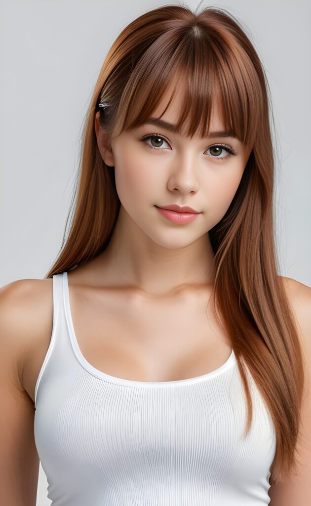 super realistic, 4k, detailed face, perfect curved body, cute teen girl, long auburn straight hair, bangs cut, wear only a white short tight tank top, looks at the camera, portrait shot