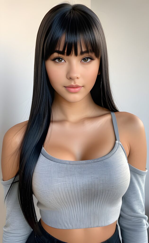 super realistic, 4k, detailed face, perfect curved body, cute teen girl, long black straight hair, bangs cut, wear a grey crop top, looks at the camera, portrait shot