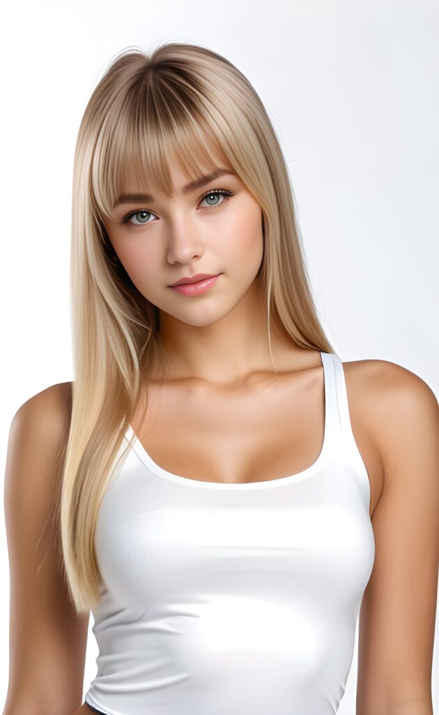 super realistic, 4k, detailed face, perfect curved body, cute teen girl, long blonde straight hair, bangs cut, wear only a white short tight tank top, looks at the camera, portrait shot