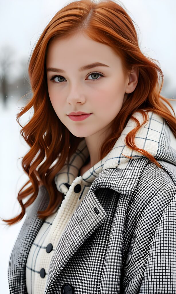 super realistic, 4k, detailed face, perfect curved body, cute young teen girl, red hair, looks at the camera, portrait shot, white background, wears a checked winter coat