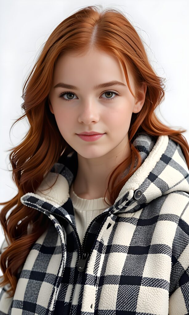 super realistic, 4k, detailed face, perfect curved body, cute young teen girl, red hair, looks at the camera, portrait shot, white background, wears a checked winter coat