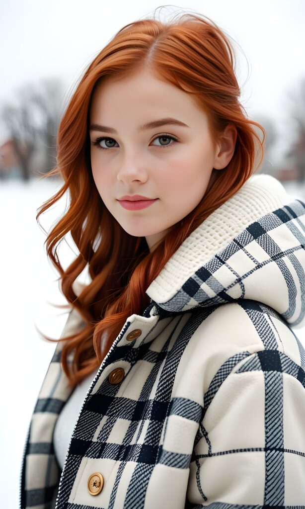 super realistic, 4k, detailed face, perfect curved body, cute young teen girl, red hair, looks at the camera, portrait shot, white background, wears a checked winter coat