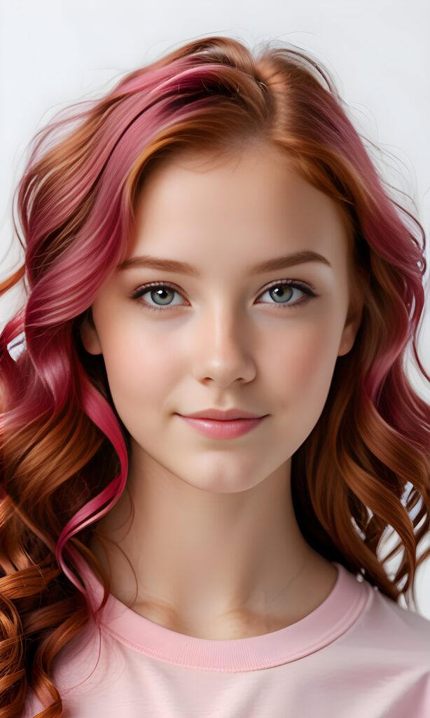 super realistic, 4k, detailed face, perfect curved body, cute young teen girl, wavy red hair, looks at the camera, portrait shot, white background, wears a short pink t-shirt