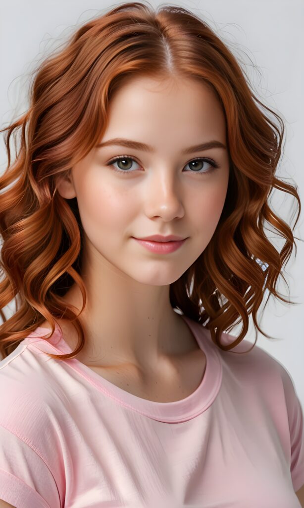 super realistic, 4k, detailed face, perfect curved body, cute young teen girl, wavy red hair, looks at the camera, portrait shot, white background, wears a short pink t-shirt