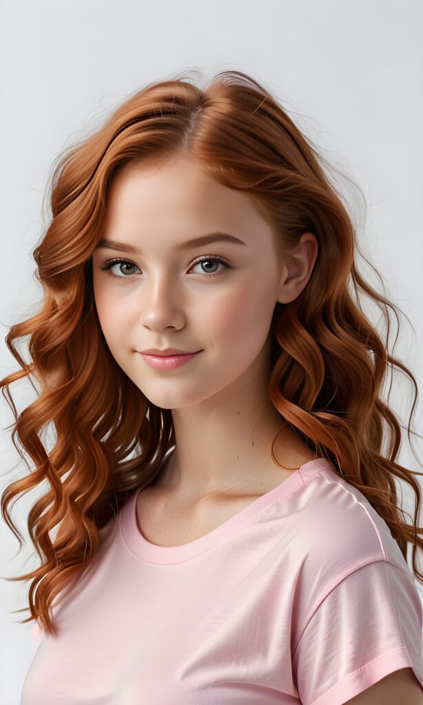 super realistic, 4k, detailed face, perfect curved body, cute young teen girl, wavy red hair, looks at the camera, portrait shot, white background, wears a short pink t-shirt