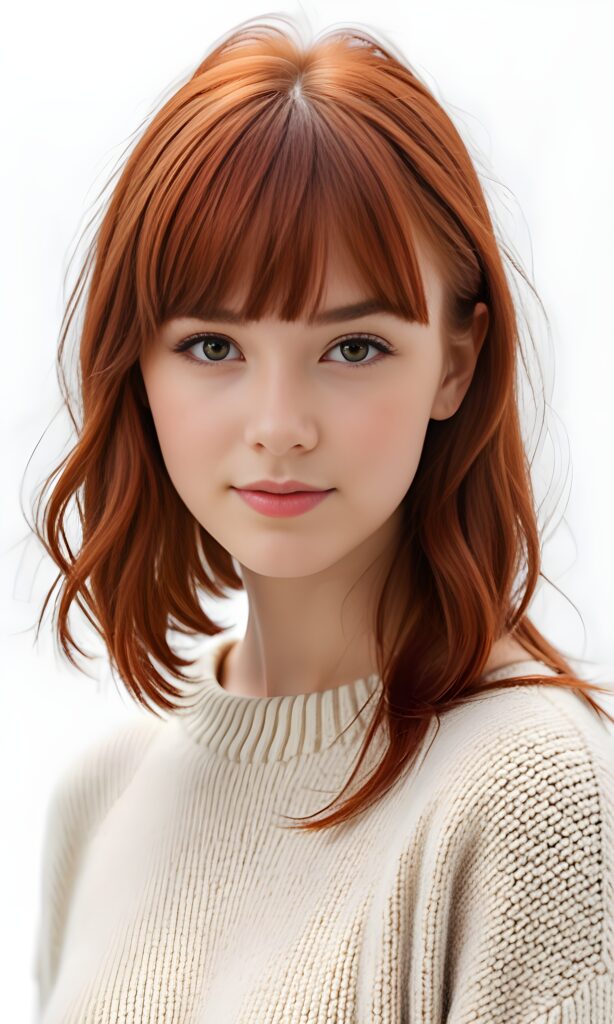 super realistic, 4k, detailed face, perfect curved body, cute young teen girl, bangs cut, straight red hair, looks at the camera, portrait shot, white background, wears a wool sweater