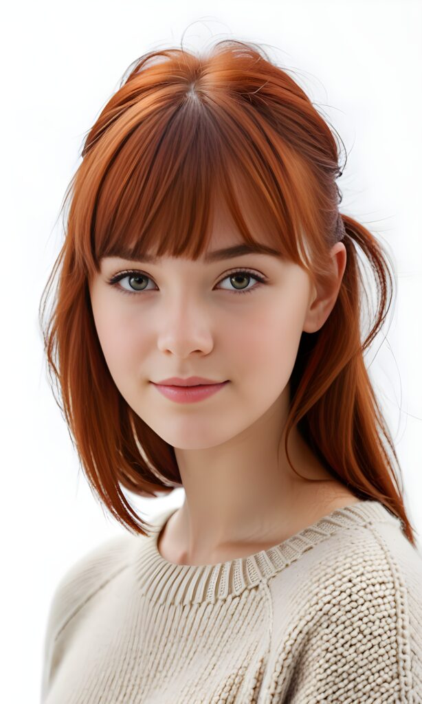 super realistic, 4k, detailed face, perfect curved body, cute young teen girl, bangs cut, straight red hair, looks at the camera, portrait shot, white background, wears a wool sweater