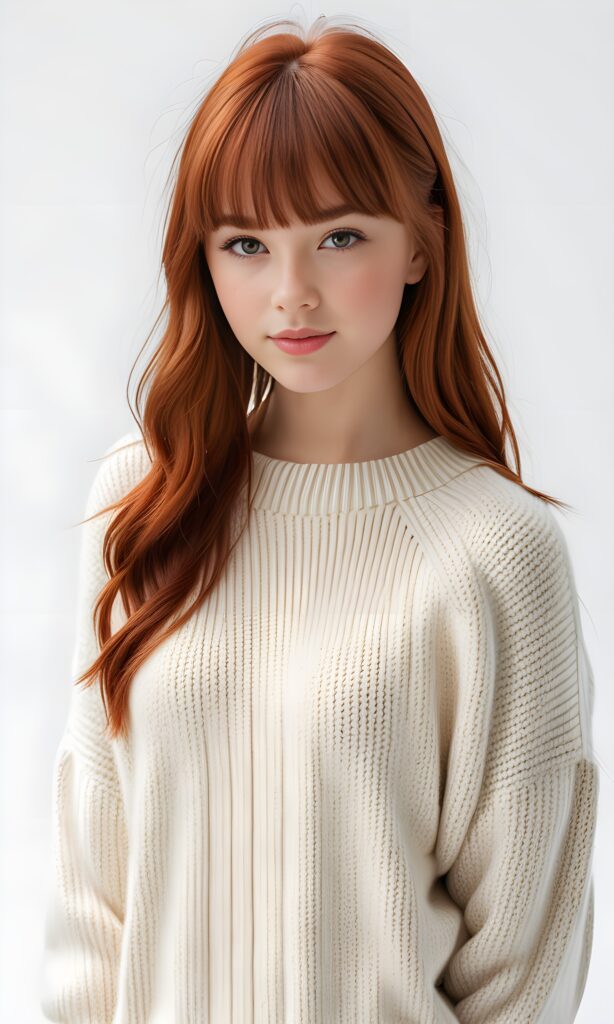 super realistic, 4k, detailed face, perfect curved body, cute young teen girl, bangs cut, straight red hair, looks at the camera, portrait shot, white background, wears a wool sweater