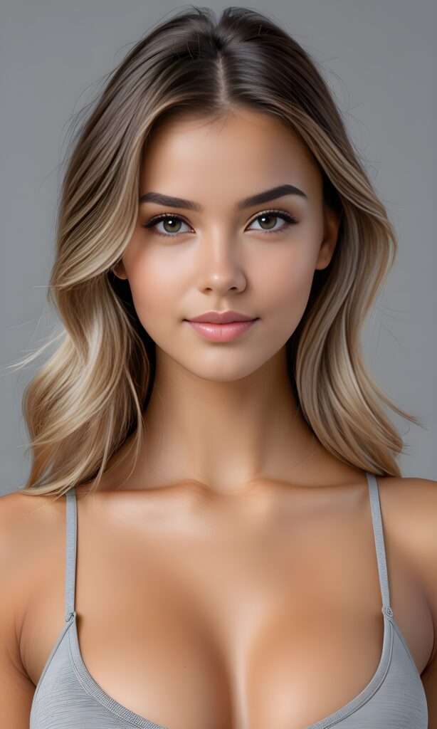 super realistic, 4k, detailed face, perfect curved body, well breasted cute young girl, straight hair, crop top, looks at the camera, portrait shot, grey background