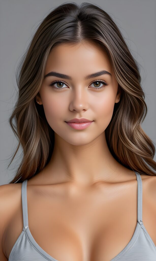 super realistic, 4k, detailed face, perfect curved body, well breasted cute young girl, straight hair, crop top, looks at the camera, portrait shot, grey background