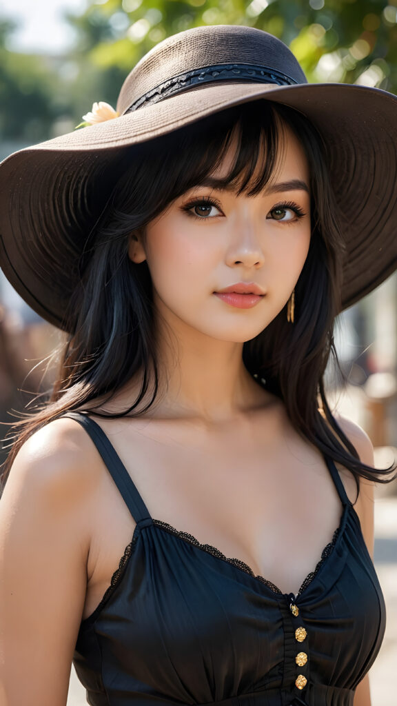 the blonde busty girl is incredibly beautiful, with a unique and very beautiful face, and very ((long, shiny, lustrous, silky black hair)) with bangs that frame the face, in an elegant up do, with a wide-brimmed hat, she is wearing a luxurious summer cropped tank top, elaborate, sophisticated, elegant, with a subtle shimmer, delicate, very detailed, real, hyper-realistic, 8k, impressive, deep, special, unique, extremely charming, beautiful, stunning, eye-catching, breathtaking, special, Korean, impressive, breathtaking, deep, special