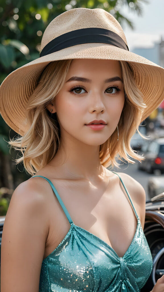 the blonde girl is incredibly beautiful, with a unique and very beautiful face, and very long, shiny, lustrous, silky hair, in an elegant up do, with a wide-brimmed hat, she is wearing a luxurious summer cropped tank top, elaborate, sophisticated, elegant, with a subtle shimmer, delicate, very detailed, real, hyper-realistic, 8k, impressive, deep, special, unique, extremely charming, beautiful, stunning, eye-catching, breathtaking, special, Korean, impressive, breathtaking, deep, special