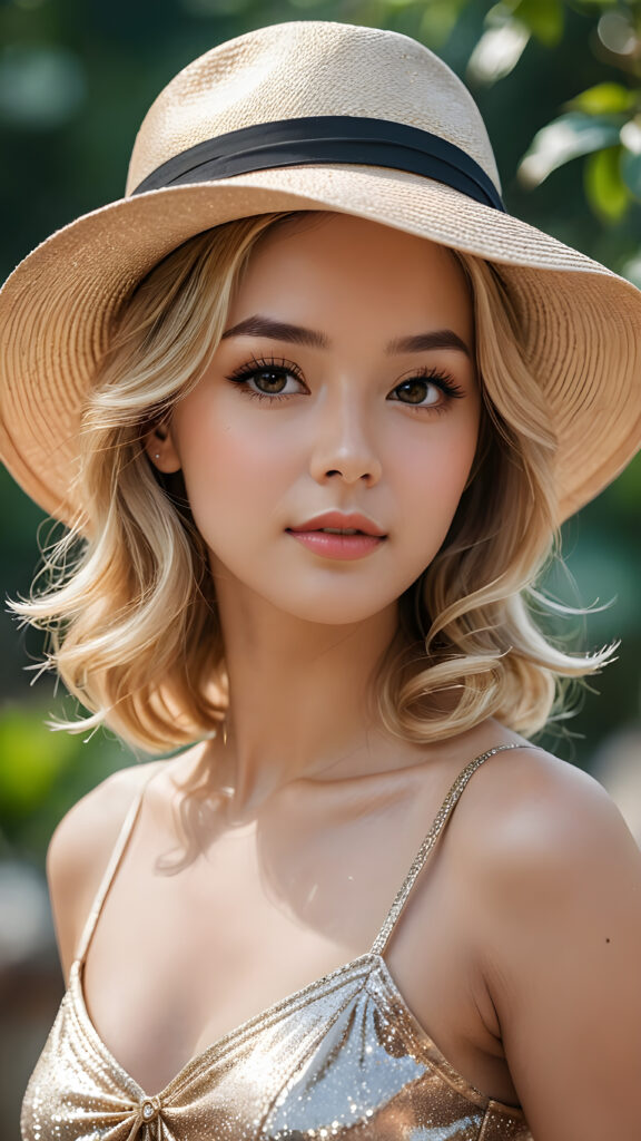 the blonde girl is incredibly beautiful, with a unique and very beautiful face, and very long, shiny, lustrous, silky hair, in an elegant up do, with a wide-brimmed hat, she is wearing a luxurious summer cropped tank top, elaborate, sophisticated, elegant, with a subtle shimmer, delicate, very detailed, real, hyper-realistic, 8k, impressive, deep, special, unique, extremely charming, beautiful, stunning, eye-catching, breathtaking, special, Korean, impressive, breathtaking, deep, special