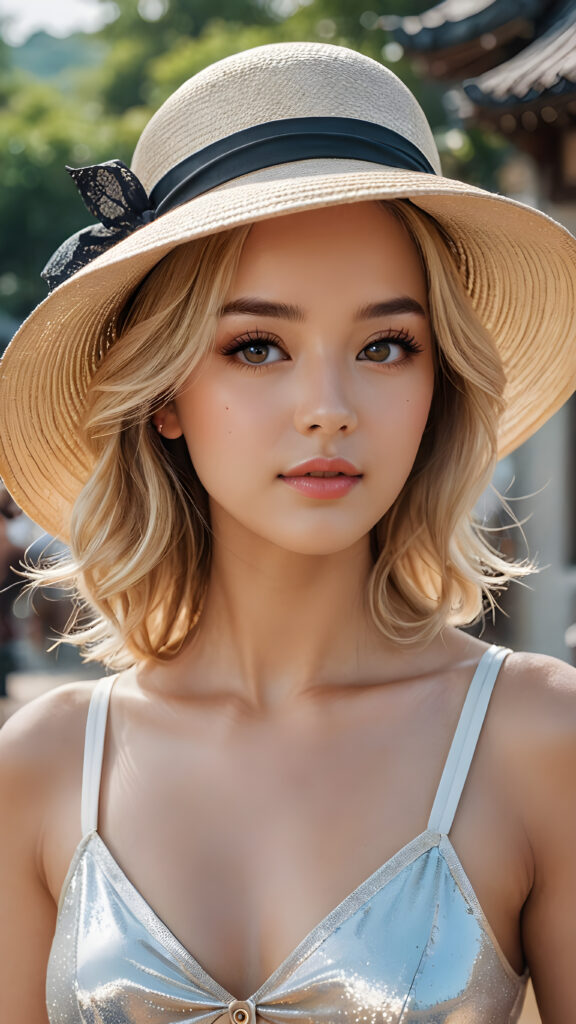 the blonde girl is incredibly beautiful, with a unique and very beautiful face, and very long, shiny, lustrous, silky hair, in an elegant up do, with a wide-brimmed hat, she is wearing a luxurious summer cropped tank top, elaborate, sophisticated, elegant, with a subtle shimmer, delicate, very detailed, real, hyper-realistic, 8k, impressive, deep, special, unique, extremely charming, beautiful, stunning, eye-catching, breathtaking, special, Korean, impressive, breathtaking, deep, special