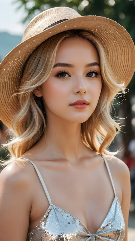 the blonde girl is incredibly beautiful, with a unique and very beautiful face, and very long, shiny, lustrous, silky hair, in an elegant up do, with a wide-brimmed hat, she is wearing a luxurious summer cropped tank top, elaborate, sophisticated, elegant, with a subtle shimmer, delicate, very detailed, real, hyper-realistic, 8k, impressive, deep, special, unique, extremely charming, beautiful, stunning, eye-catching, breathtaking, special, Korean, impressive, breathtaking, deep, special