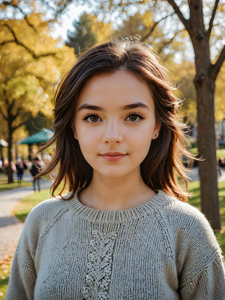 the cutest girl in a park in a wool sweater