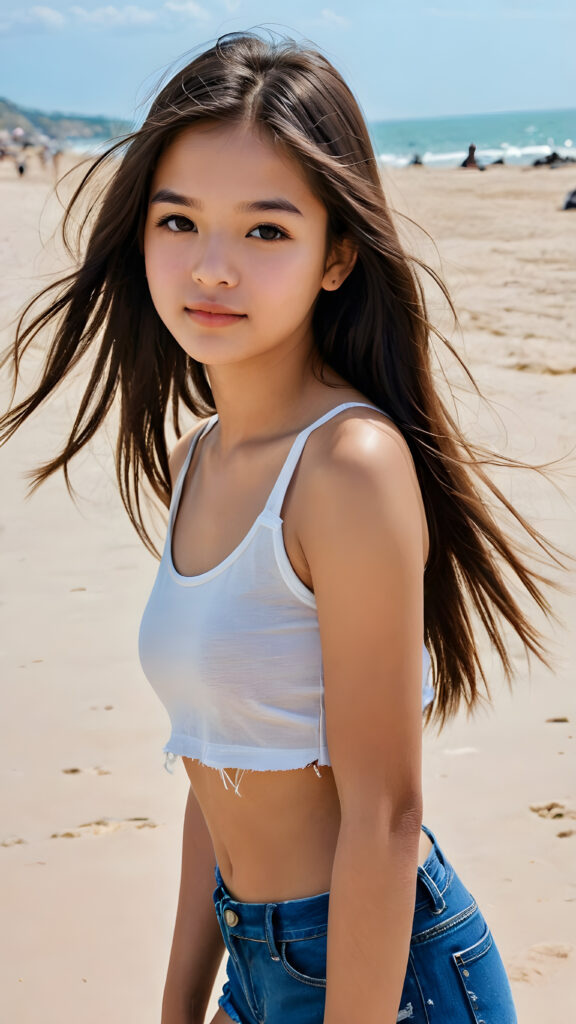 an Exotic young teen girl, long straight soft hair, 14 years old, ((round face)), looks seductively, ((tattered crop tank top)), perfect body, (stunning) (gorgeous) (on a sandy beach) ((detailed))