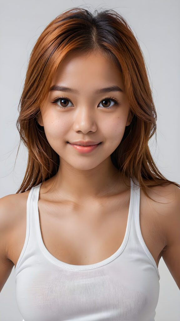 ultra detailed, hyper realistic 8k dynamic photography of very cute 16 years old Filipino girl, ((orange detailed straight full hair)), detailed eyes, looks happy at the camera, portrait shot, perfect curved body, ((white short tight tank top)), cinematic lights, empty background