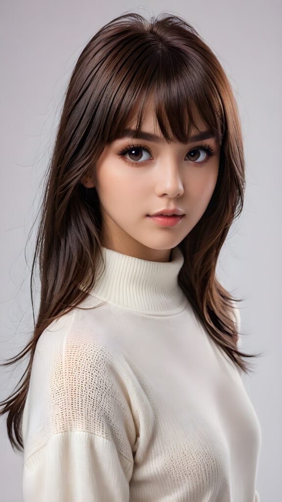 (ultra detailed), (((highly detailed dark brown straight jet hair, cute bangs cut))), (((black round shiny eyes))), (((white background))), (((cute teenage model girl))), full lips, fine short sweater that support her perfect curved body