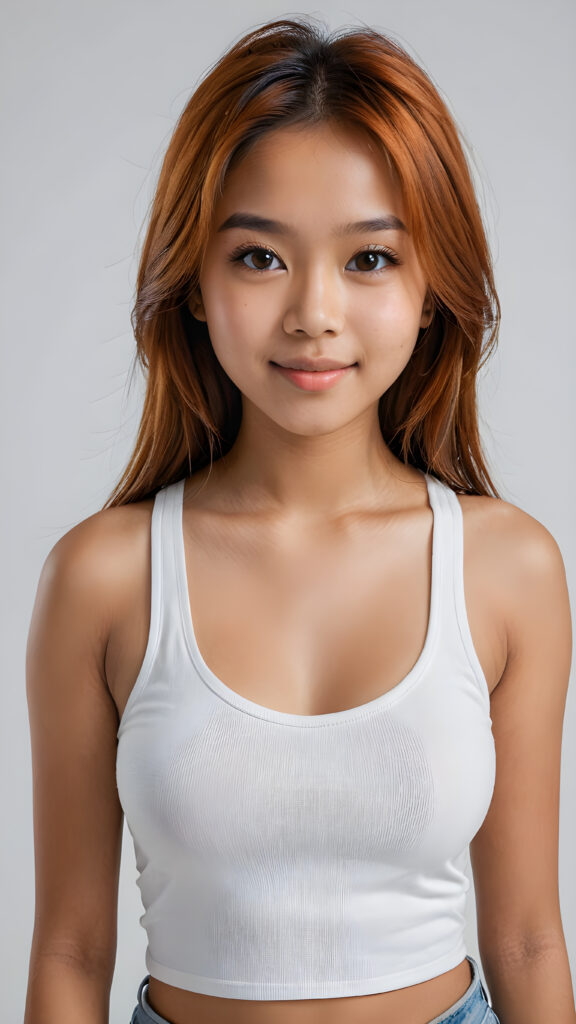 ultra detailed, hyper realistic 8k dynamic photography of very cute 16 years old Filipino girl, ((orange detailed straight full hair)), detailed eyes, looks happy at the camera, portrait shot, perfect curved body, ((white short tight tank top)), cinematic lights, empty background