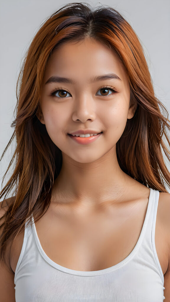 ultra detailed, hyper realistic 8k dynamic photography of very cute 16 years old Filipino girl, ((orange detailed straight full hair)), detailed eyes, looks happy at the camera, portrait shot, perfect curved body, ((white short tight tank top)), cinematic lights, empty background