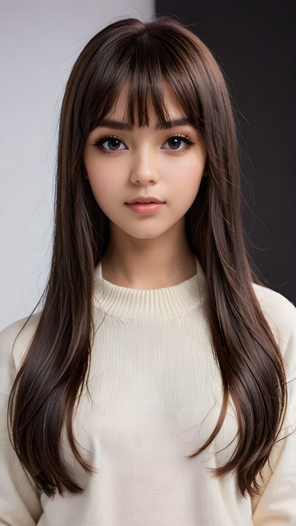 (ultra detailed), (((highly detailed dark brown straight jet hair, cute bangs cut))), (((black round shiny eyes))), (((white background))), (((cute teenage model girl))), full lips, fine short sweater that support her perfect curved body