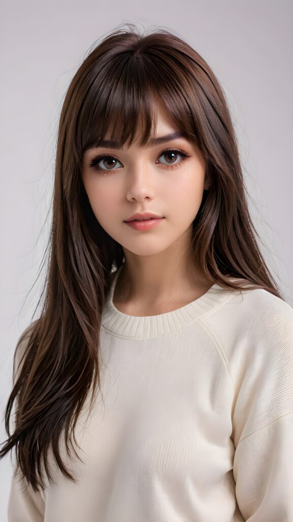 (ultra detailed), (((highly detailed dark brown straight jet hair, cute bangs cut))), (((black round shiny eyes))), (((white background))), (((cute teenage model girl))), full lips, fine short sweater that support her perfect curved body