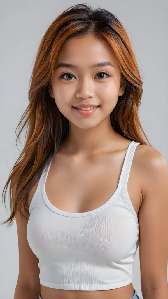 ultra detailed, hyper realistic 8k dynamic photography of very cute 16 years old Filipino girl, ((orange detailed straight full hair)), detailed eyes, looks happy at the camera, portrait shot, perfect curved body, ((white short tight tank top)), cinematic lights, empty background