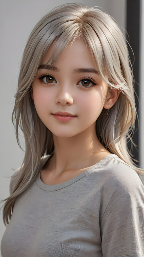 ((upper body)) of ((cute)) ((attractive)) ((gorgeous)) ((stunning)) a beautifully realistic, cinematic lights, teen girl, 13 years old, bangs haircut, detailed straight (platinum white) hair, realistic detailed round face, ((realistic detailed brown eye)) looks at the camera, warm smile, perfect curved, wears a super short tight (grey shirt), perfect anatomy, side perspective