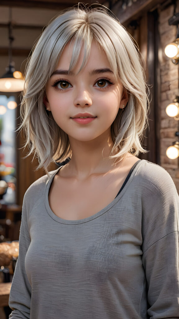 ((upper body)) of ((cute)) ((attractive)) ((gorgeous)) ((stunning)) a beautifully realistic, cinematic lights, teen girl, 13 years old, bangs haircut, detailed straight (platinum white) hair, realistic detailed round face, ((realistic detailed brown eye)) looks at the camera, warm smile, perfect curved, wears a super short tight (grey shirt), perfect anatomy, side perspective